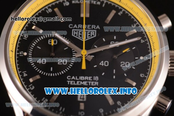 Tag Heuer Carrera Calibre 18 Miyota Quartz Steel Case with Black Dial Stick Markers and Yellow/Black Nylon Strap - Yellow Inner Bezel - Click Image to Close